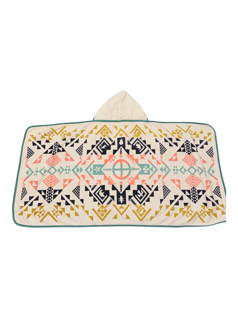 Pendleton Cream Hooded Towel Poncho with Navy, Coral and Mint Pattern